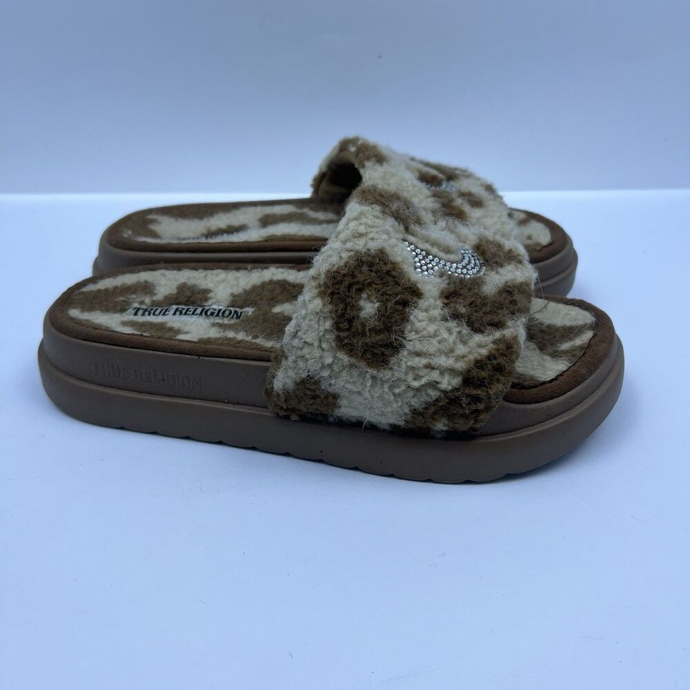True Religion Women's Lamia Fuzzy Platform Slides Slippers Brown Cow Print Sz 8 - Picture 3 of 10